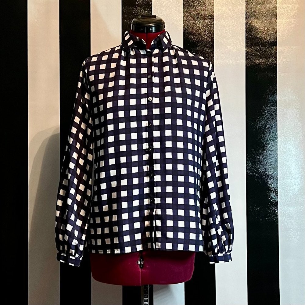 Banana Republic Long Sleeve Button-Up Navy white Gingham Blouse